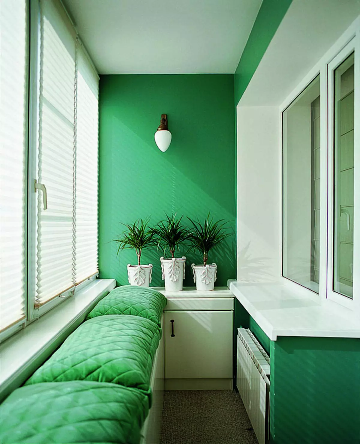 Balkon Barve (65 fotografij): Oblikovanje balkona v belih, sivih, zelenih in drugih barvah. V katerih toni, da postavljajo stene v notranjosti? 9975_40